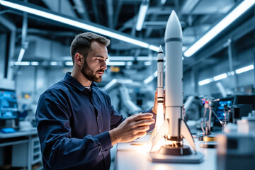 Poster - An engineer assembles rocket parts in a high-tech lab with advanced tools and equipment