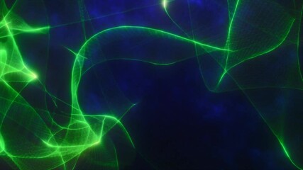 Poster - Dynamic green abstract light lines against a dark blue background, creating a mesmerizing and futuristic visual effect, video in high quality 4k, motion design