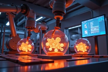Poster - Advanced Laboratory Scene Featuring Robotic Arms Engaged in Material Fusion Experiments with Glowing Glass Spheres and Digital Monitoring Systems in a High-Tech Environment