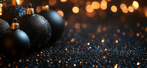 Wall Mural - christmas black decorations close up, glitter bokeh background. merry christmas and happy holidays g