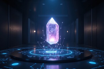 Poster - Enigmatic Crystal Encased in a Lab Environment, Radiating Ethereal Light and Energy, Surrounded by Interactive Data and Scientific Imagery