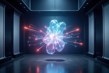 Poster - Futuristic Crystal Structure with Dynamic Energy Rays in a Modern Laboratory Environment