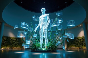 Poster - Futuristic Human Figure Representing Symbiosis Between Nature and Technology in a Modern Exhibition Space