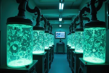 Poster - Futuristic Industrial Production Area Featuring Glowing Containers with Bubbles and a Control Station in a High-Tech Factory Setting