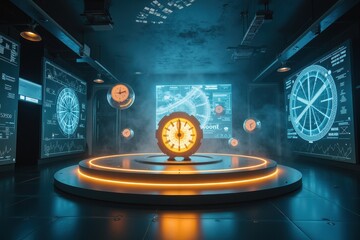Poster - Futuristic Research Room with Time Concepts and Data Visualization, Featuring Clocks Floating in a Misty Environment