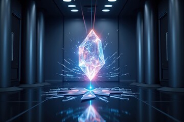 Poster - Glowing Crystal in a Futuristic Lab Setting with Digital Effects and Light Rays Creating an Aesthetic Sci-Fi Atmosphere