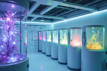 Poster - Innovative Growth Lab Showcasing Colorful Biological Research with Advanced Equipment and Unique Cultures in Modern Environment