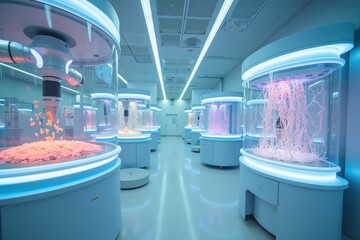 Poster - Modern Laboratory Environment Showcasing Innovative Growth Technology with Futuristic Equipment and LED Lighting, Vibrant Displays, and Research Areas for Scientific Advancement