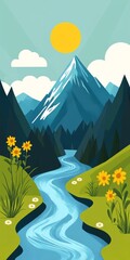 Wall Mural - A mountain range with a river running through it. The river is green and the sun is shining on it