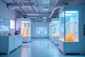 Poster - Modern laboratory interior showcasing innovative growth experiments with bright orange specimens, advanced technology, and a sterile environment for scientific research