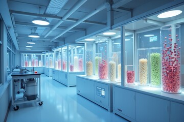 Poster - Modern Laboratory Showcasing Colorful Growth Experiments in Glass Containers, with Clean Workstations and Bright Lighting