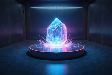 Poster - Stunning Digital Crystal Formation with Electric Blue and Pink Light Effects in a Modern Futuristic Setting