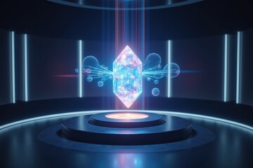 Poster - Stunning Futuristic Crystal in a High-Tech Laboratory Environment with Glowing Effects and Bubbles Radiating Energy