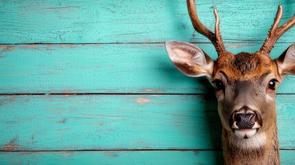 Poster -  a deer with antlers standing in front of a turquoise wooden wall Its fur is a mix of brown and cream colors, and its antlers are visible