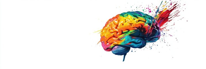 Poster - An artistic representation shows a brain vividly splattered with bright colors, emphasizing creativity and unique expression through paint. Generative AI