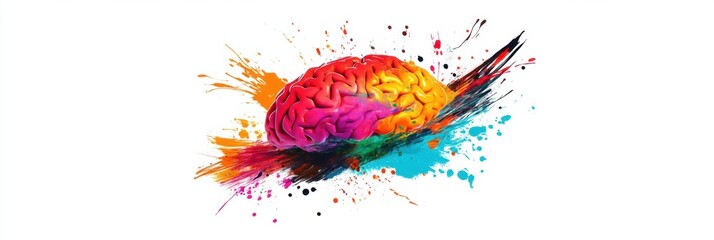 Leinwandbilder - A brain is creatively decorated with bold strokes and splashes of bright paint, symbolizing the fusion of intellect and art through color. Generative AI