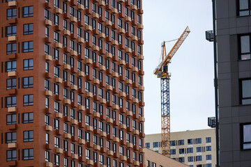 Wall Mural - View to tower crane through unfinished buildings. Housing construction, apartment blocks in city