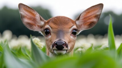 Poster -  a close up of a fawn in the grass, surrounded by lush green leaves The background is slightly blurred, giving the focus to the fawn