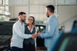 © Zamrznuti tonovi - Smiling couple shakes hands with car salesman indoors showroom