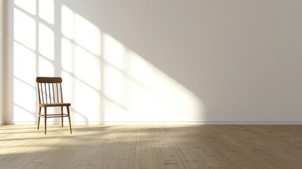 Poster - A vacant room features warm wooden flooring and a single chair positioned near the wall, showcasing natural light casting shadows. Generative AI