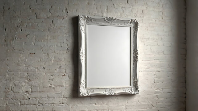  A white blank photo frame is hanging on the painted brick wall.