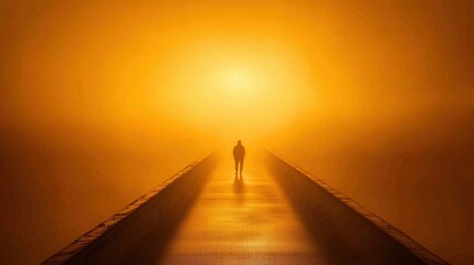 Leinwandbilder - A person walks alone on an expansive bridge shrouded in fog, illuminated by a warm, golden light at dusk, creating a serene atmosphere. Generative AI
