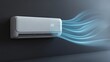 © Ivan - White air conditioner hanging on a dark wall with space for logo, text or inscriptions with light blue cold air waves, advertising or banner of air conditioning in home or office