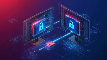 Poster - Secure File Transfer Concept With Encrypted Data Movement Between Computer Monitors. Generative AI
