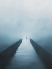 Aufkleber - A lone figure strides down a lengthy, deserted bridge enveloped in thick fog during early morning hours, evoking a sense of solitude. Generative AI