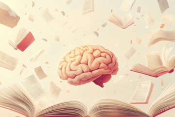 Fototapete - A brain floats in an open space amid flying pages and open books, illustrating the vital link between intellectual growth and education. Generative AI