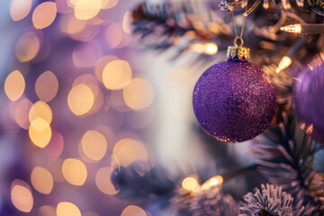 Wall Mural - purple ornament on lit christmas tree branch with bokeh background