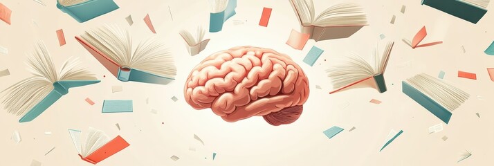 Fototapete - A vibrant brain is encircled by open books and flying pages, representing the essence of knowledge, education, and intellectual growth. Generative AI