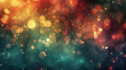 Wall Mural - yellow and green bokeh lights with particles on dark background. nature celebration background