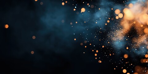 Wall Mural - Blue smoke with orange sparkles on black background. Fantasy atmosphere background