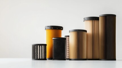 Poster - Various car oil, air, and fuel filters are displayed against a light background, emphasizing their importance in vehicle maintenance. Generative AI