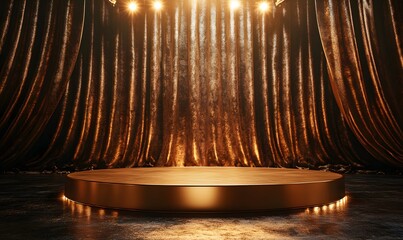 Poster - Champagne Elegance, A golden podium sparkling under elegant spotlight lamps