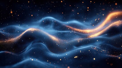 Wall Mural - Gold particle waves with blue smoke in starry night. Cosmic energy background