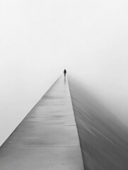 Aufkleber - A lone traveler strides along a long, deserted bridge shrouded in dense fog during early morning hours, evoking a sense of solitude. Generative AI
