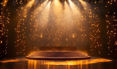 Poster - An extravagant award ceremony setup with a radiant golden podium and spotlight lamps
