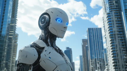 Aufkleber - An artificial intelligence robot with blue eyes and white body stands against a cityscape