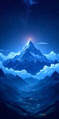 Sticker - A serene night scene featuring a majestic, snow-capped mountain illuminated by starlight, with glimmering valleys and soft clouds creating a tranquil atmosphere.