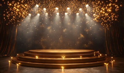 Poster - An extravagant award ceremony setup with a radiant golden podium and spotlight lamps