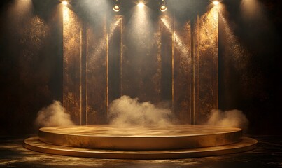 Poster - A refined award ceremony stage showcasing a golden podium under bright spotlight lamps