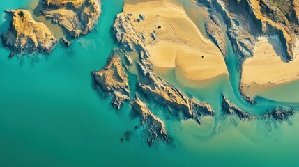 Wall Mural - Aerial view of a stunning coastal landscape with turquoise waters and sandy formations, AI