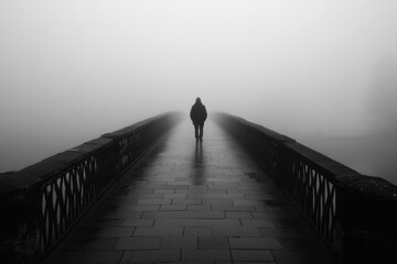 Poster - A lone person walks along a desolate bridge shrouded in dense fog, capturing the stillness of early morning tranquility. Generative AI