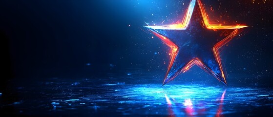 Poster - A vibrant, glowing star design illuminated in striking shades of blue and orange, casting intricate reflections on a dark surface, creating a dramatic and energetic atmosphere.