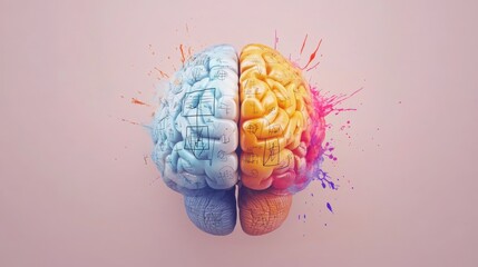 Poster - Illustration of a brain divided into two halves, featuring cool blue and warm orange colors, representing logic and creativity, respectively. Generative AI