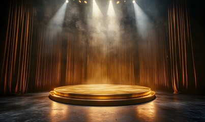 Poster - A high-end award ceremony stage featuring a golden podium illuminated by spotlight lamps