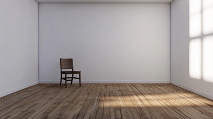 Poster - A spacious room features polished wooden floors and a solitary chair placed by the wall, illuminated by soft natural light. Generative AI