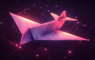 Poster - A stylized, geometric origami airplane in hues of pink and purple against a cosmic background, evoking a sense of creativity and exploration.